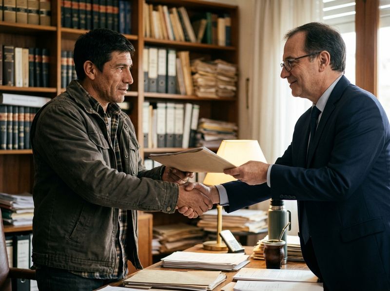 Trabajador recibiendo su carpeta y dándole la mano al abogado