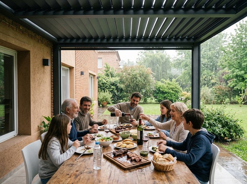 Familia almorzando bajo una pérgola bioclimática mientras llueve