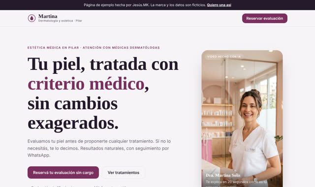 Vista de la página de ejemplo de Martina Dermatología